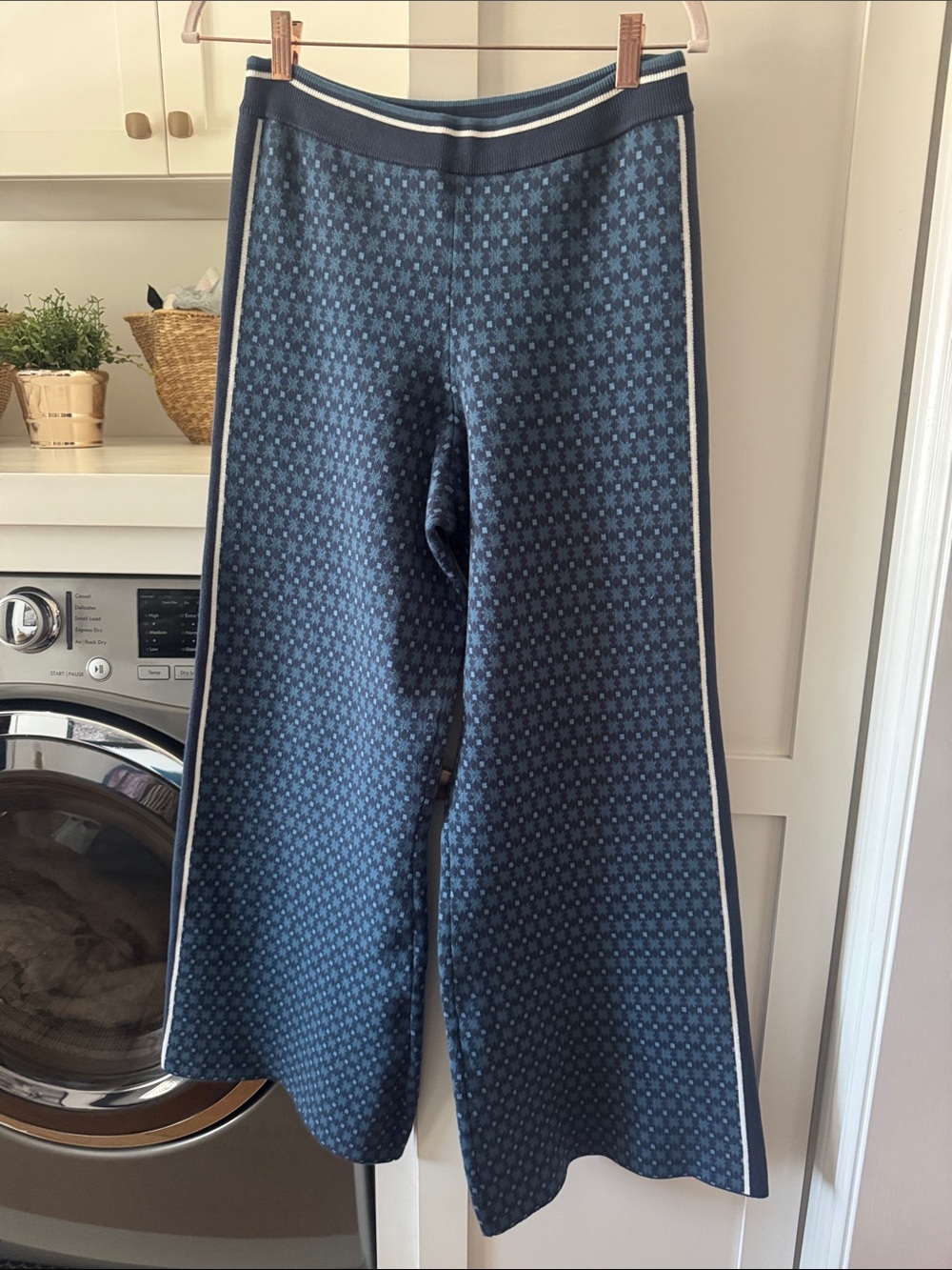 The Upside Navy Blue Patterned Track Pants with White Side Stripes